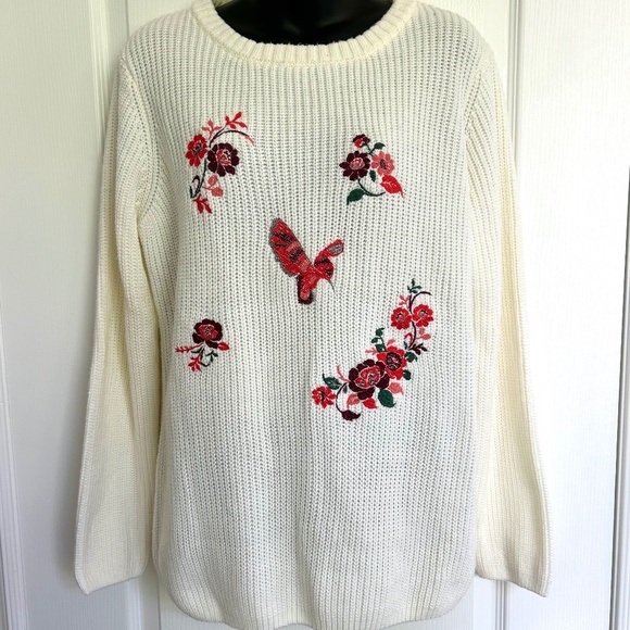 Large Floral Embroidered Sweater Round Neck Pullover Cream Cozy Fall Cottagecore - Picture 1 of 6